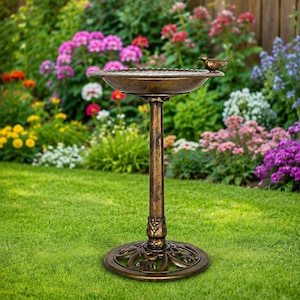 May include: A bronze-colored bird bath featuring a circular basin supported by a central pedestal and a decorative, ornate base. A small, sculpted bird figure is perched on the edge of the basin. The structure has a weathered, metallic finish.