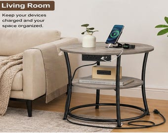 Round End Table with Charging Station: 2-Tier Nightstand with USB & Power Outlets