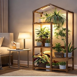 May include: A wooden plant stand with multiple shelves, illuminated by warm lighting. The stand is filled with various potted plants, creating a natural and decorative display. The stand is in a bedroom setting.
