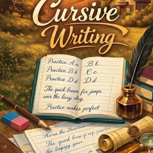 May include: An illustration of a cursive writing guide. The image features an open book with cursive letter examples and sentences. A quill, inkwell, and other writing tools are also present. The title "Cursive Writing" is displayed at the top.