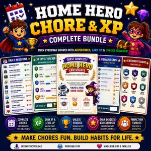 Peut inclure: Un ensemble numérique coloré intitulé "Home Hero Chore & XP" avec des illustrations d'enfants en costumes de super-héros. Comprend des tableaux de tâches, des systèmes de récompenses et des badges de réussite. Le texte dit "Rendre les tâches amusantes. Construire des habitudes pour la vie."