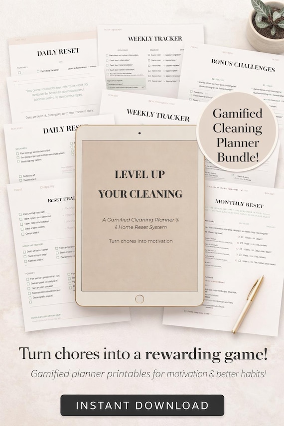 Gamified Cleaning Planner Bundle | Home Reset, Habit Tracker (PDF)
