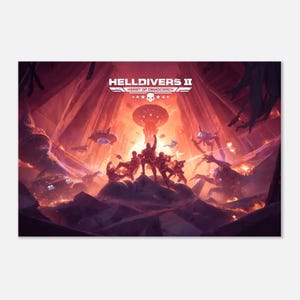 May include: A poster for the video game "HELLDIVERS II: HEART OF DEMOCRACY" features a group of soldiers in a futuristic setting. The artwork is dominated by shades of red and orange, with a central focus on a large, glowing structure and flying vehicles.