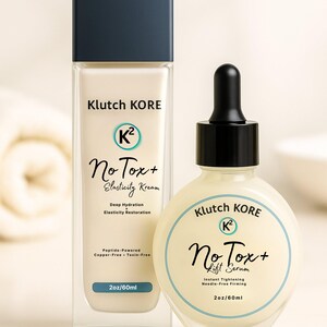 May include: Two skincare product bottles from Klutch KORE. One is rectangular with a navy cap, labeled "No Tox+ Elasticity Kream." The other is round, with a black dropper, labeled "No Tox+ Lift Serum." Both are 2oz/60ml.