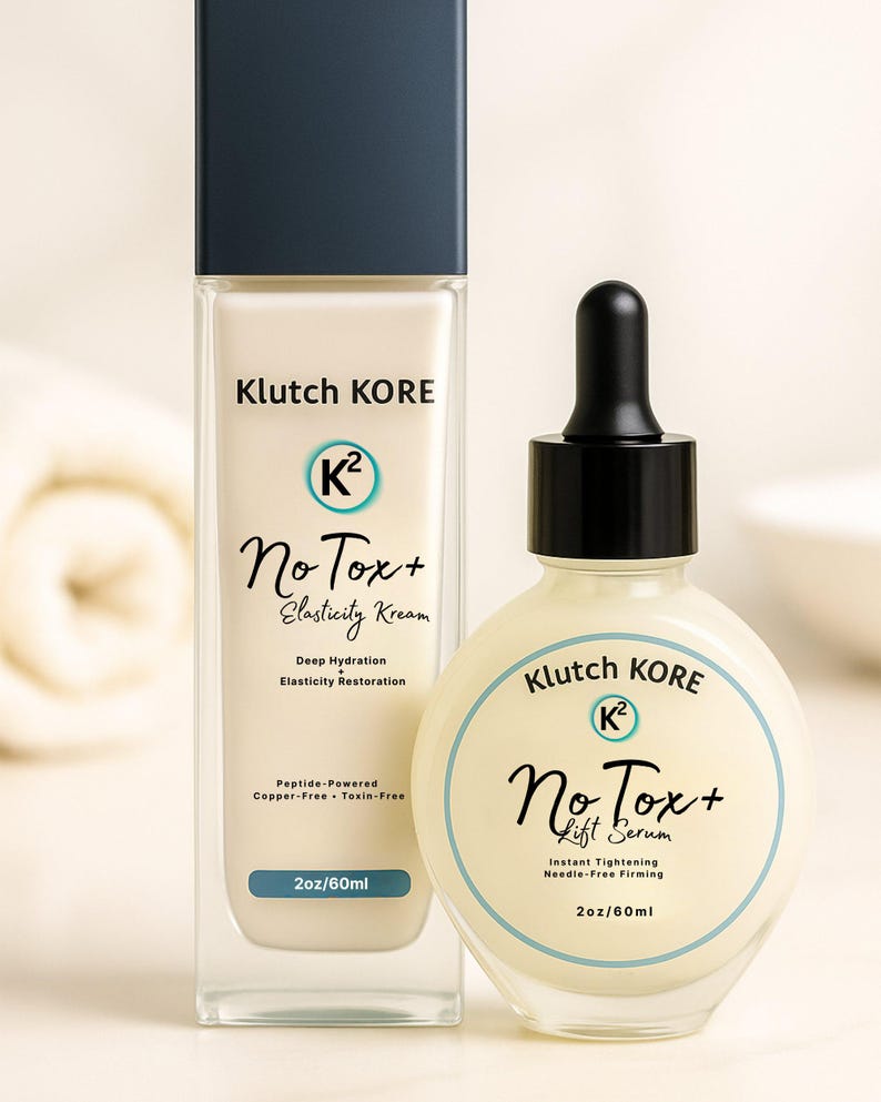 May include: Two skincare product bottles from Klutch KORE. One is rectangular with a navy cap, labeled "No Tox+ Elasticity Kream." The other is round, with a black dropper, labeled "No Tox+ Lift Serum." Both are 2oz/60ml.