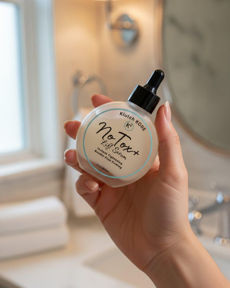 May include: A round, clear bottle of NoTox+ Lift Serum is held in a hand. The bottle has a black dropper and a white label with blue text. The label includes the words "Instant Tightening" and "Needle-Free Firming". The bottle contains 2 oz/60ml.