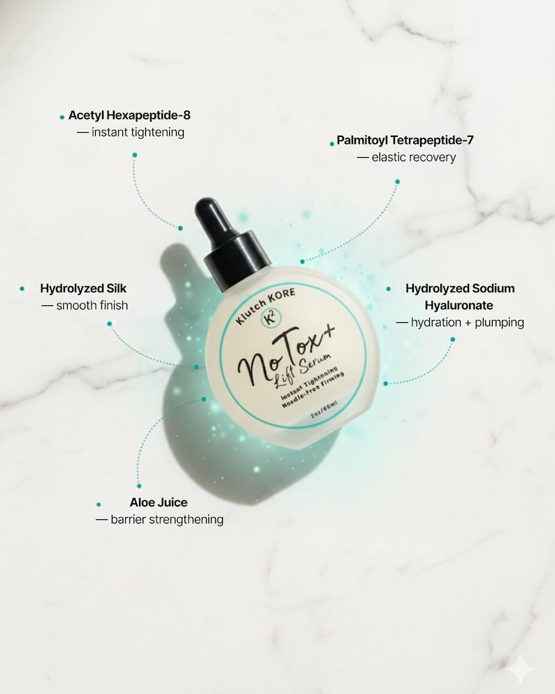 May include: A white serum bottle with a black dropper is labeled "No Tox+ Lift Serum" by Klutch Kore. The product features Acetyl Hexapeptide-8, Hydrolyzed Silk, Aloe Juice, Palmitoyl Tetrapeptide-7, and Hydrolyzed Sodium Hyaluronate. The bottle is on a marble surface.