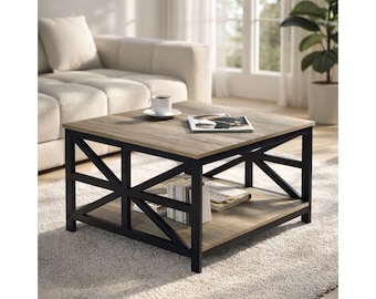 Farmhouse Coffee Table, 2-Tier Square Wood Metal Living Room Center Table