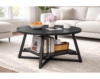 Round Coffee Table with Storage Shelf, Modern Wood Center Table