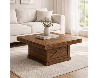 Rustic Walnut Square Coffee Table, X-Base Farmhouse Center Table