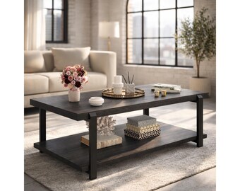 Rustic Industrial Coffee Table, Light Grey Wood Storage Shelf, Rectangle Center Table