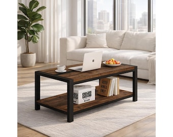 Rustic Industrial Coffee Table, 43 Inch Wood and Metal Living Room Table
