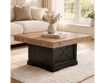 Rustic Walnut Square Coffee Table, X-Base Farmhouse Center Table