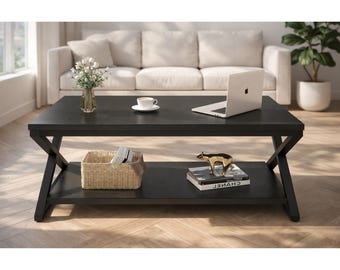 Rustic Brown 2-Tier Coffee Table with Storage, Farmhouse Living Room Center Table