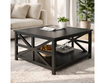 Farmhouse Coffee Table, 2-Tier Square Wood Metal Living Room Center Table