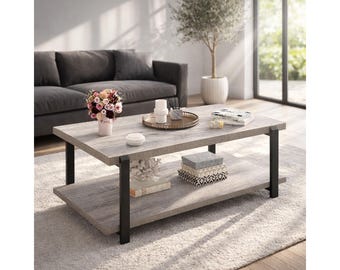 Rustic Industrial Coffee Table, Light Grey Wood Storage Shelf, Rectangle Center Table