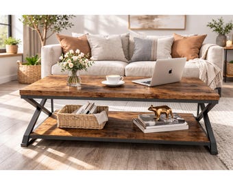 Rustic Brown 2-Tier Coffee Table with Storage, Farmhouse Living Room Center Table