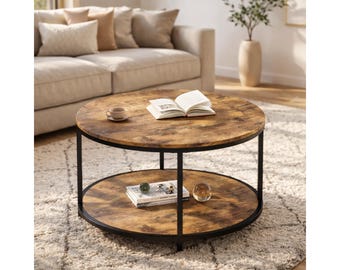 Round Coffee Table with Storage Shelf, Rustic Walnut Wood Living Room Table
