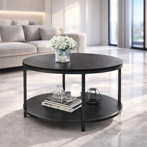 Round Coffee Table with Storage Shelf, Rustic Walnut Wood Living Room Table