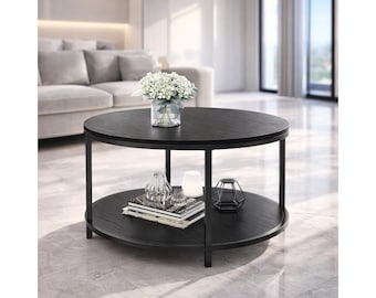 Round Coffee Table with Storage Shelf, Rustic Walnut Wood Living Room Table