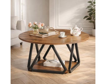 Round Wood Coffee Table with Storage Shelf, Modern Rustic Living Room Furniture
