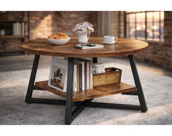 Round Coffee Table with Storage Shelf, Modern Wood Center Table