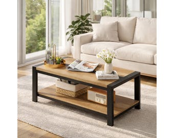 Rustic Industrial Coffee Table, 43 Inch Wood and Metal Living Room Table