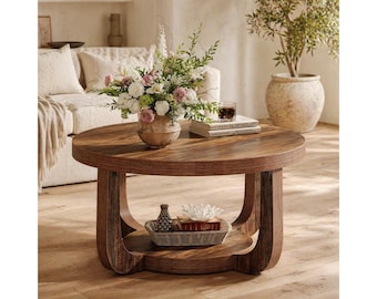 Round Storage Coffee Table, Rustic Wood 2-Tier Living Room Accent Furniture
