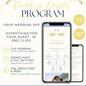 Peut inclure: Un modèle de programme de mariage numérique affiché sur deux smartphones, avec une en-tête de citrons et de fleurs. L'écran montre des boutons de navigation pour WhatsApp, le planning, la FAQ et l'hébergement, avec le texte Wedding Digital Program.