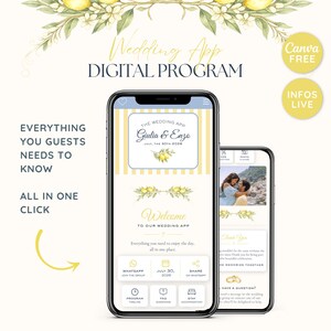 Peut inclure: Un programme de mariage numérique affiché sur deux smartphones avec un motif de citrons. L'écran affiche le texte Wedding App, Giulia & Enzo, July 30th 2026, Welcome, ainsi que des icônes de navigation pour WhatsApp, planning, FAQ et hébergement.