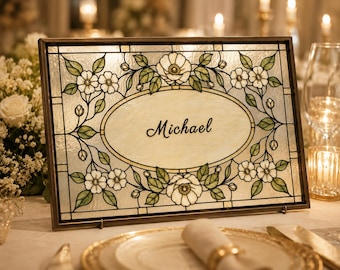 Plantilla de tarjeta de lugar para boda con efecto vidriera, letreros de lugar para recepción, tarjetas de asiento para boda imprimibles, tarjetas de nombre DIY, Canva editable