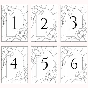 May include: A set of six rectangular cards featuring black line art on a white background. Each card displays a central archway containing a large numeral from one to six, surrounded by floral illustrations of peonies with stems and leaves.