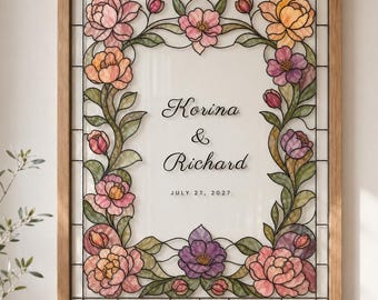 Plantilla de letrero de bienvenida para bodas con efecto de vidrieras, letrero de boda editable en Canva, apellido personalizado, decoración de boda DIY, descarga digital,