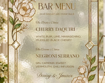 Szablon menu na weselny bar, witrażowy wzór ze szklanych kwiatów, edytowalny wyświetlacz stacji napojów, natychmiastowy Canva, 8x10 do druku