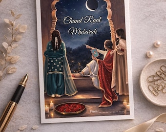 Karta do druku Chand Raat Mubarak, nowoczesne powitanie Ramadanu i luksusowe powitanie Eid Mubarak z ilustracją muzułmańskiej rodziny, natychmiastowe pobranie cyfrowe