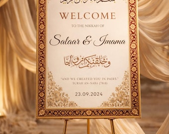 Spersonalizowany islamski znak powitalny na ślub, znak na ceremonię Nikkah, muzułmańska tablica ślubna, edytowalny szablon, możliwość pobrania w wersji cyfrowej