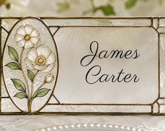 Tarjetas de mesa para bodas con efecto vidriera, plantilla imprimible para tarjetas de nombre, tarjeta de acompañamiento editable, letrero de asientos para la recepción, Canva, decoración de boda DIY