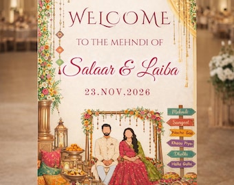 Tabliczka powitalna Dholki z motywem mehndi i henny do druku, kolorowa dekoracja ślubna w stylu indyjsko-pakistańskim, ceremonia Desi do pobrania w wersji cyfrowej