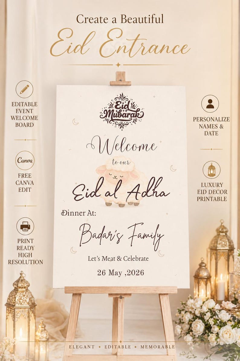 Eid Al-adha Mubarak Printable Sign, Editable Eid Welcome Board, Floral ...