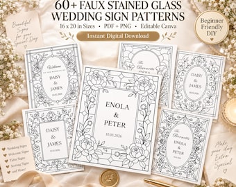 Stained Glass Wedding Sign Patterns Bundle | Faux Stained Glass Wedding welcome decor| 60+ DIY Printable PDF PNG | Editable Canva Template