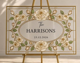 Plantilla de letrero de bienvenida para bodas con diseño de vidrieras de rosas, recuerdo de decoración de bodas con apellido, editable en Canva, patrón de pintura acrílica DIY, descarga.