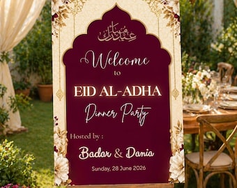 Kwiatowy napis powitalny na drzwi wejściowe z okazji Eid al-Adha – Islamski wystrój domu, Świąteczna dekoracja na Eid Mubarak, Edytowalny do natychmiastowego pobrania