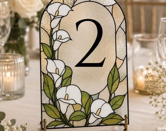 Números de mesa con diseño de cala en vidrieras, letreros para mesas de recepción de boda, letreros florales artificiales, decoración para planos de asientos de boda, descarga imprimible.
