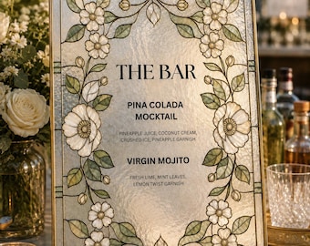 Menú de bar floral con efecto vitral, plantilla para letrero de estación de bebidas para bodas, decoración acrílica para cócteles de recepción (hazlo tú mismo), diseño imprimible descargable.