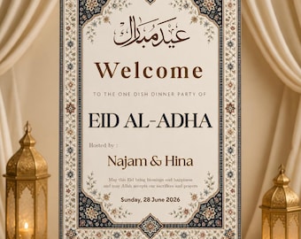 Plakat powitalny na Eid al-Adha Mubarak do druku, nowoczesna dekoracja islamskiego przyjęcia Eid, edytowalny szablon plakatu, natychmiastowe pobranie