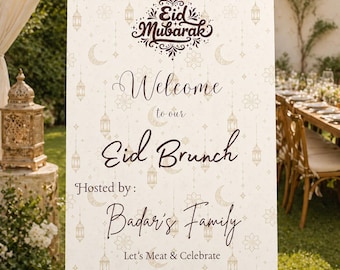 Szablon powitalny na Eid ul-Adha Mubarak do druku, edytowalna tablica z motywami kwiatowymi na imprezę Eid, natychmiastowe pobranie dekoracji islamskich