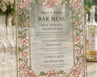 Plantilla de letrero de boda con efecto vitral, decoración de recepción con menú de bar DIY, exhibición de estación de bebidas florales, diseño imprimible para descargar en Canva.