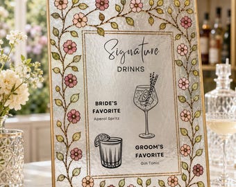 Plantilla de letrero de bar de boda con vidrieras, diseño floral artificial editable, menú de bebidas para novios, decoración de recepción DIY con margaritas, descarga instantánea.