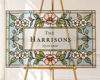 Faux Stained Glass Wedding Welcome Sign Template,floral Custom Last Name,wedding keepsake ,DIY Paint Pattern, Editable Printable Download