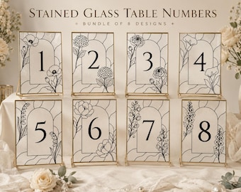 Paquete de números de mesa de boda con efecto vitral, 8 plantillas editables de Canva, plano de mesas, letreros florales para la recepción, descarga imprimible.
